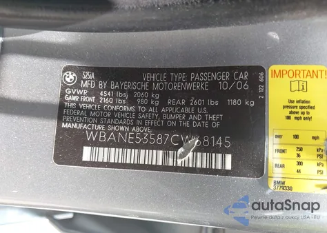 2007 BMW 525I из США, поврежденный, VIN WBANE53587CW68145